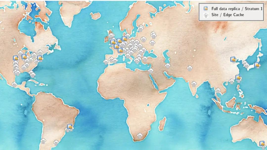 Map of CVMFS cache instances. The tiered cache model helps to deploy software on /cvmfs to computing sites all over the world.